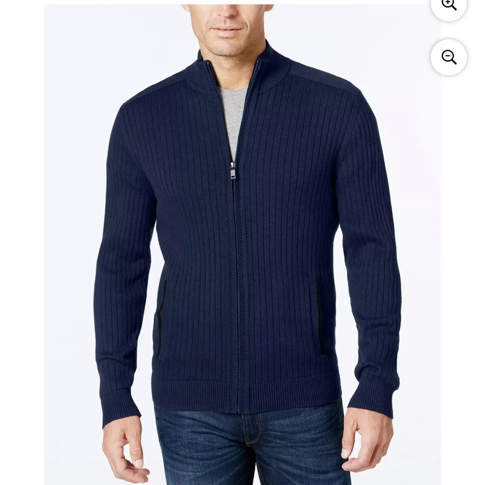 Alfani Mens Herringbone Trim Ribbed Knit Full Zip Sweater
size Medium